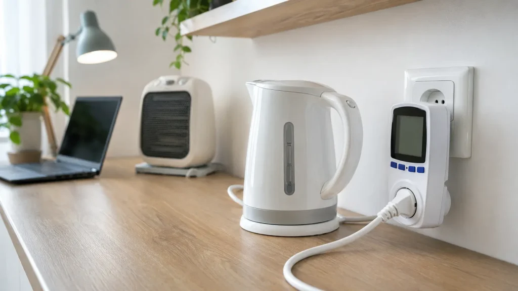Elektrik tüketimi hesaplama için prize takılan enerji ölçer ve ev cihazları