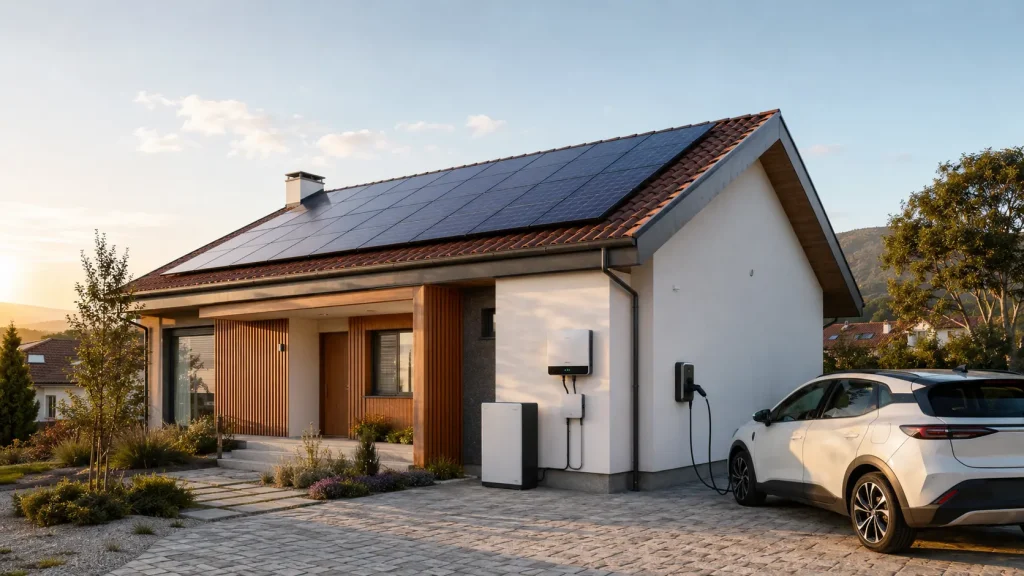 Ev enerjisi için güneş paneli, batarya ve elektrikli araç şarj sistemi